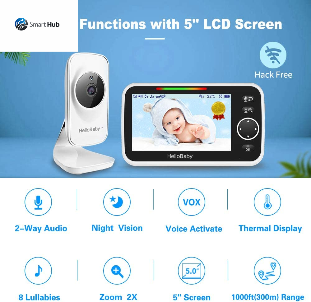 Monitor, Video Baby Monitor with Camera and Audio, 5” Large Display No Hacking Risks, Bright Night Vision, 2-Way Talk, Temperature, 8 Lullabies and 1000Ft Long Range