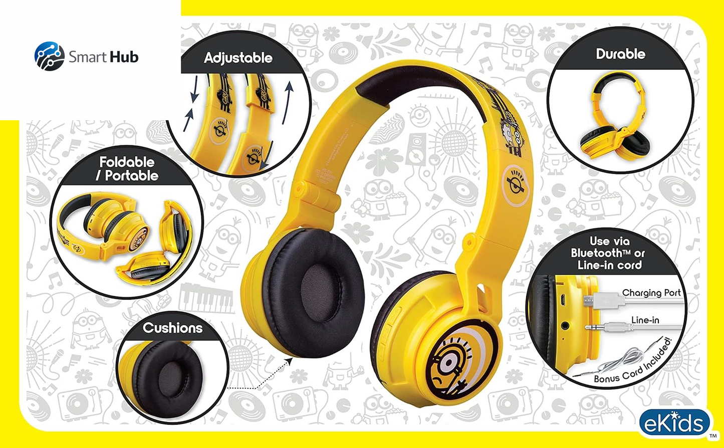 Minions Kids Bluetooth Wireless Headphones with Microphone, Includes Aux Cord, Volume Reduced, Foldable, Yellow, over Ear, Unisex, 3.5Mm Jack, 18H Playtime, 1 Year Warranty