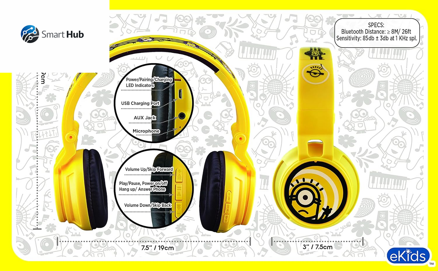 Minions Kids Bluetooth Wireless Headphones with Microphone, Includes Aux Cord, Volume Reduced, Foldable, Yellow, over Ear, Unisex, 3.5Mm Jack, 18H Playtime, 1 Year Warranty