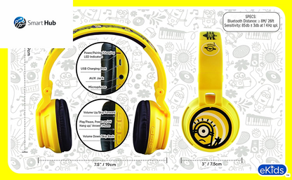 Minions Kids Bluetooth Wireless Headphones with Microphone, Includes Aux Cord, Volume Reduced, Foldable, Yellow, over Ear, Unisex, 3.5Mm Jack, 18H Playtime, 1 Year Warranty