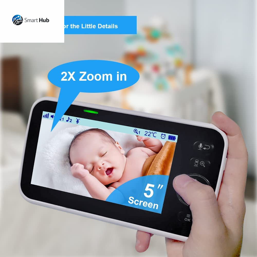 Monitor, Video Baby Monitor with Camera and Audio, 5” Large Display No Hacking Risks, Bright Night Vision, 2-Way Talk, Temperature, 8 Lullabies and 1000Ft Long Range