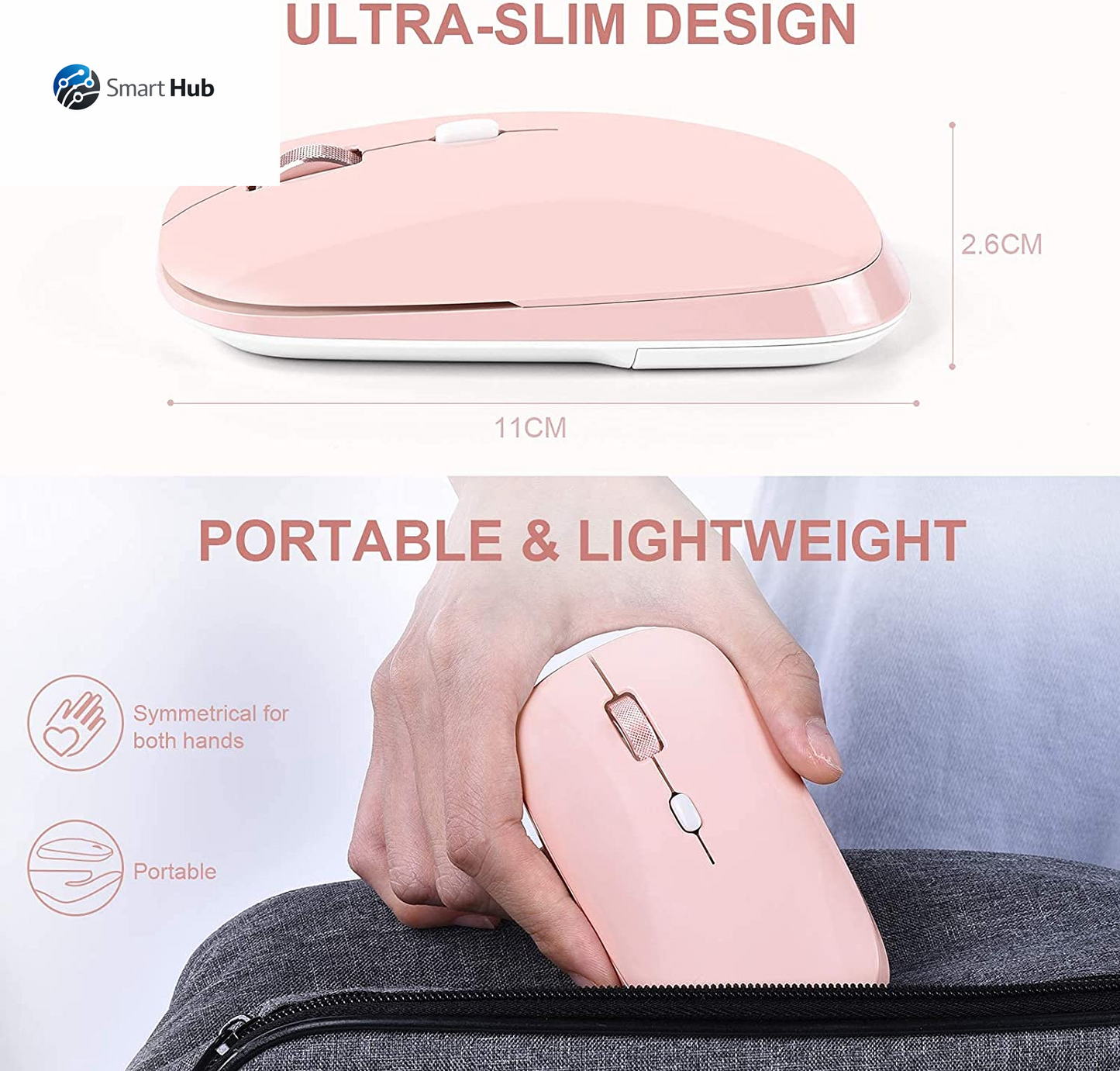 Wireless Flat Mouse, 2.4G Optical Mouse for Laptop, PC, Chromebook, Notebook, Especially Designed for Computer Bags (Pink)