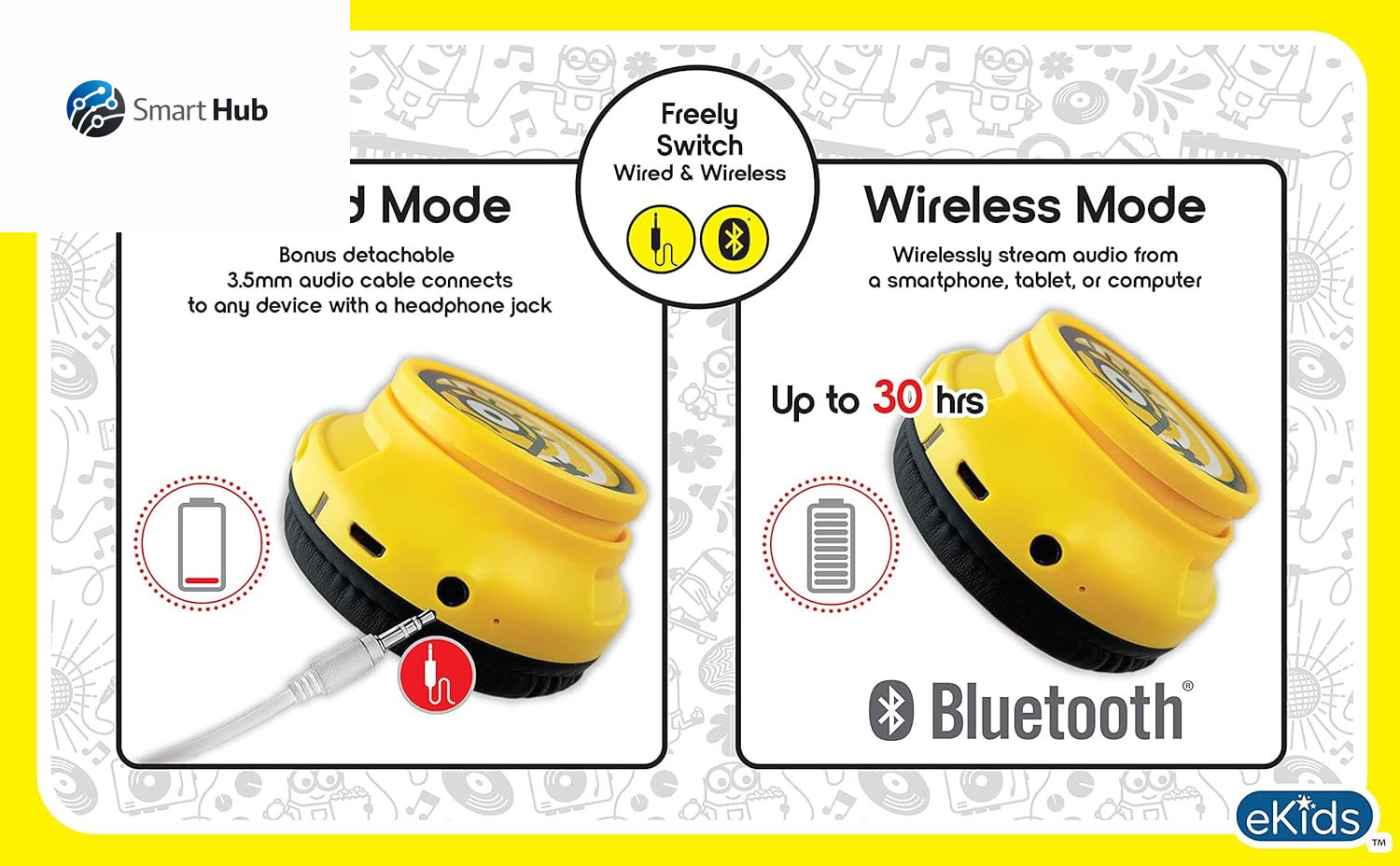 Minions Kids Bluetooth Wireless Headphones with Microphone, Includes Aux Cord, Volume Reduced, Foldable, Yellow, over Ear, Unisex, 3.5Mm Jack, 18H Playtime, 1 Year Warranty