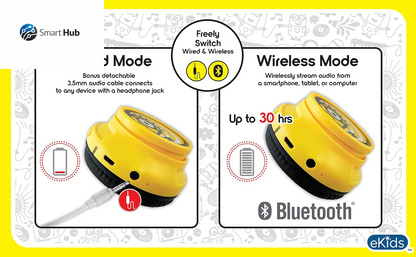 Minions Kids Bluetooth Wireless Headphones with Microphone, Includes Aux Cord, Volume Reduced, Foldable, Yellow, over Ear, Unisex, 3.5Mm Jack, 18H Playtime, 1 Year Warranty