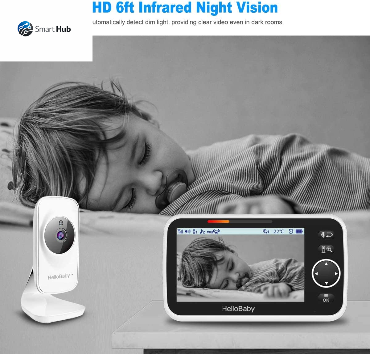 Monitor, Video Baby Monitor with Camera and Audio, 5” Large Display No Hacking Risks, Bright Night Vision, 2-Way Talk, Temperature, 8 Lullabies and 1000Ft Long Range