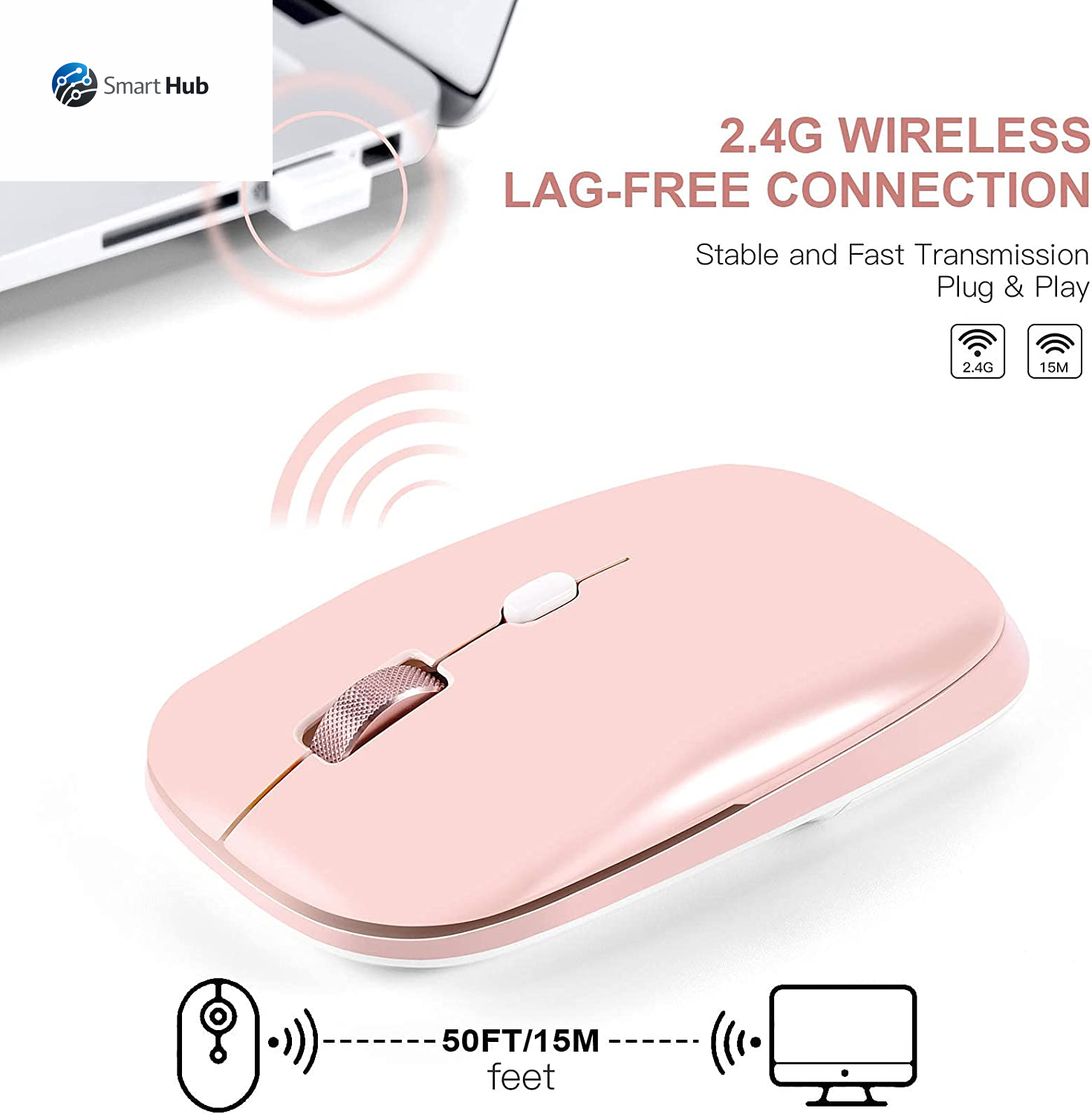 Wireless Flat Mouse, 2.4G Optical Mouse for Laptop, PC, Chromebook, Notebook, Especially Designed for Computer Bags (Pink)