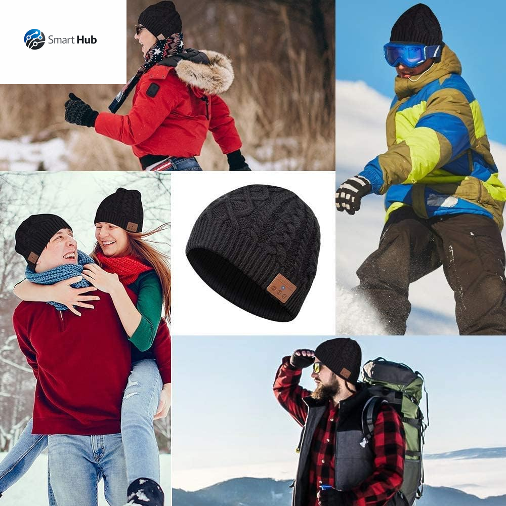 Wireless Bluetooth Beanie Hat Headphone Winter Warm Soft Knit Cap with Wireless Headphone Speaker Mic Hands Free for Iphone Android Cell Phones Black