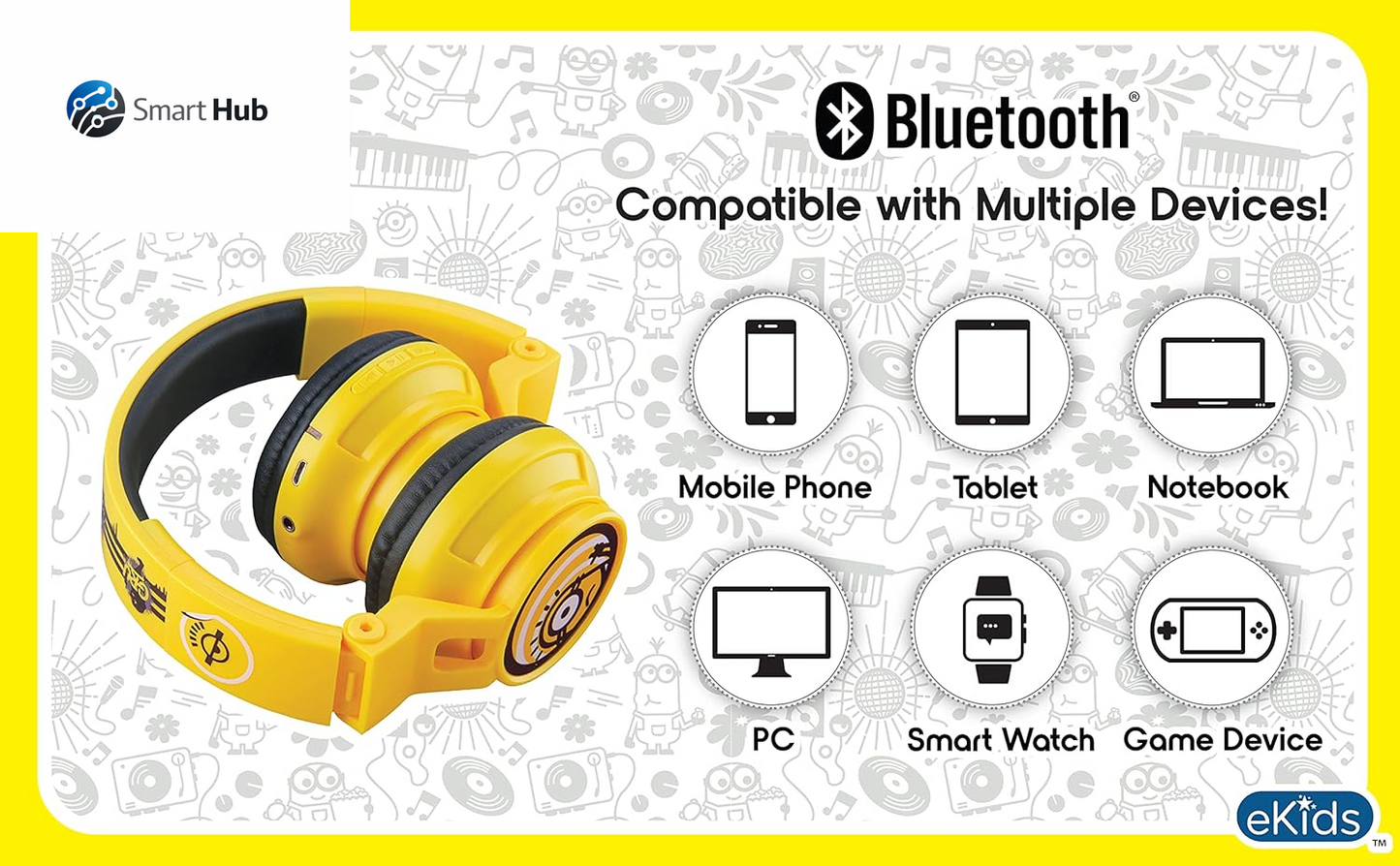 Minions Kids Bluetooth Wireless Headphones with Microphone, Includes Aux Cord, Volume Reduced, Foldable, Yellow, over Ear, Unisex, 3.5Mm Jack, 18H Playtime, 1 Year Warranty