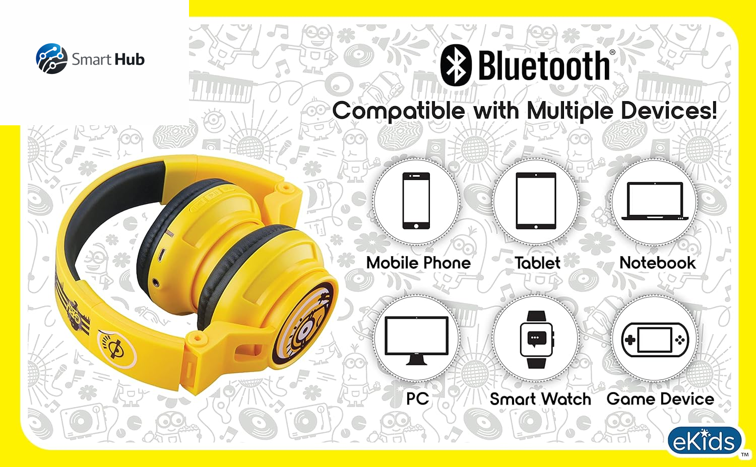 Minions Kids Bluetooth Wireless Headphones with Microphone, Includes Aux Cord, Volume Reduced, Foldable, Yellow, over Ear, Unisex, 3.5Mm Jack, 18H Playtime, 1 Year Warranty