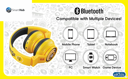 Minions Kids Bluetooth Wireless Headphones with Microphone, Includes Aux Cord, Volume Reduced, Foldable, Yellow, over Ear, Unisex, 3.5Mm Jack, 18H Playtime, 1 Year Warranty